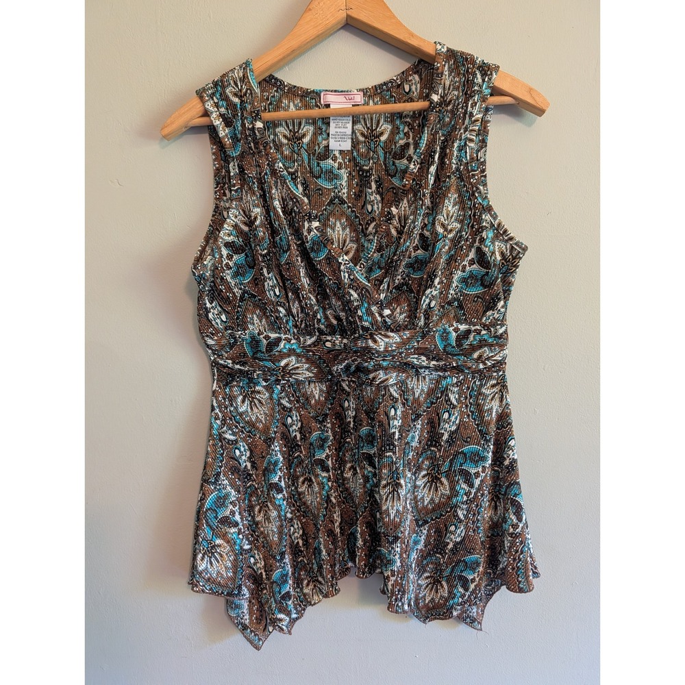 Vintage Y2K Paisley Plisse Top Chocolate Brown Turquoise Handkerchief Hem L